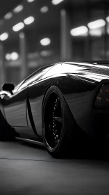 Low-angle view shows rear section of dark sports car