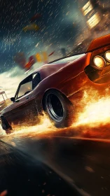 Retro muscle car drifting through rain with fiery tire spray
