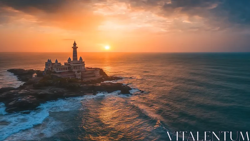 Sun-drenched ocean temple lighthouse crowned by fiery horizon.