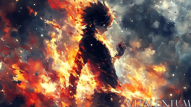Fiery anime warrior strides through swirling embers and smoke