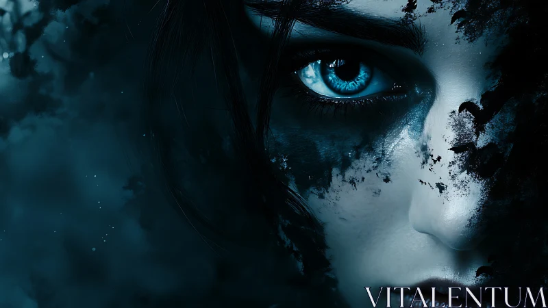 Mystic blue gaze emerges from swirling midnight shadows