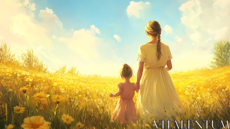 Sunlit mother and child wandering through golden meadow.