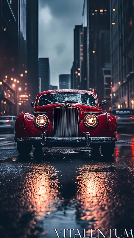 Photorealistic portrait of vintage red car in rainy cityscape.