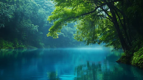 Quiet emerald trees leaning over a glassy blue lake.