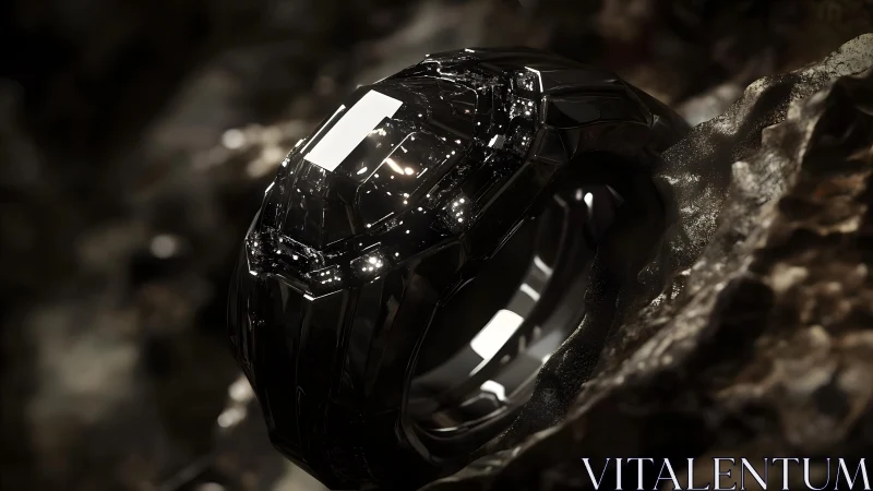 Futuristic black gemstone ring with faceted design in dramatic lighting.