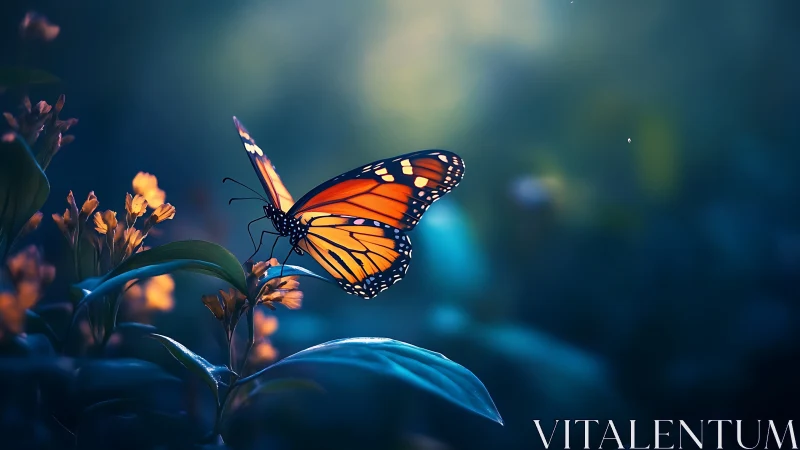 Monarch butterfly in shallow-depth twilight garden macro scene