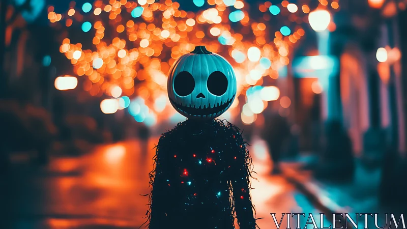 Pumpkin-headed figure in neon-lit Halloween street scene.