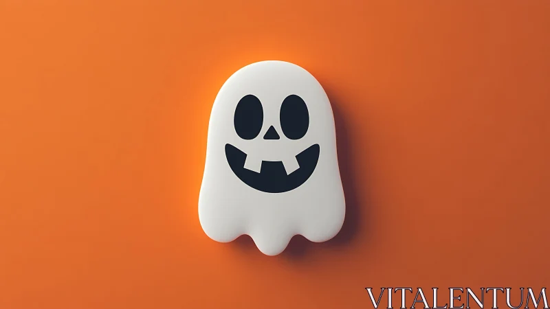 Cute 3D ghost icon on bright orange Halloween background.