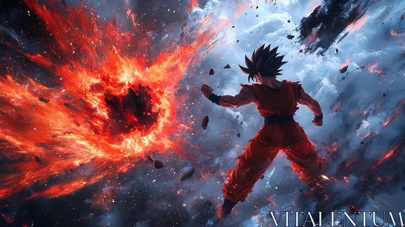 Saiyan warrior charges molten blast through storm sky.