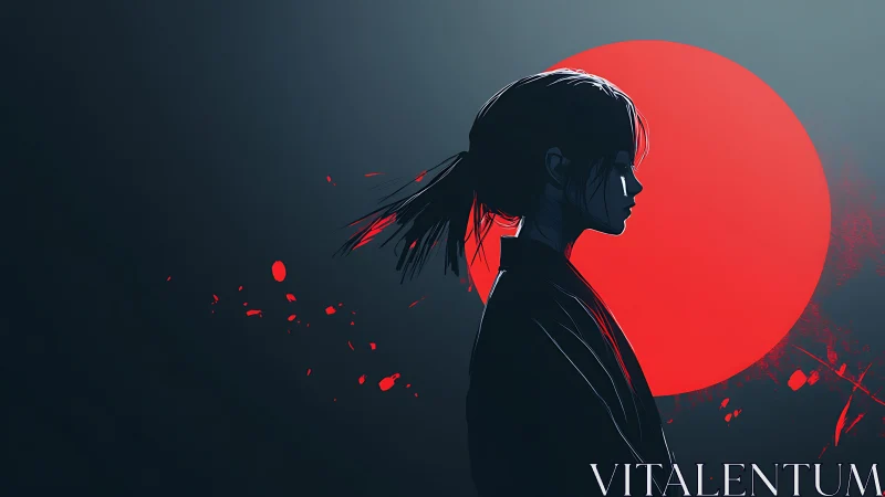 Silent ronin silhouette before a blazing red moonrise.