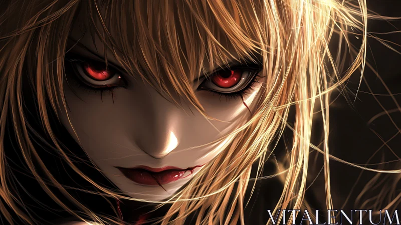 Crimson-eyed anime antihero under wild golden strands.