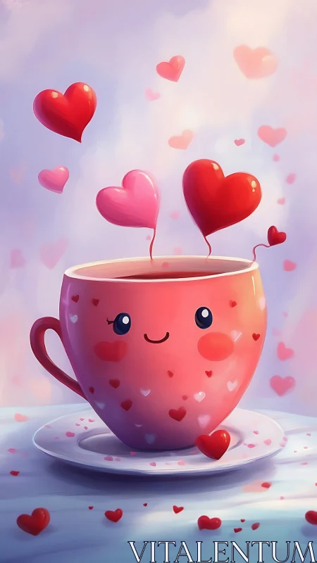 Stylized Cup with Heart Motifs and Floating Heart Shapes
