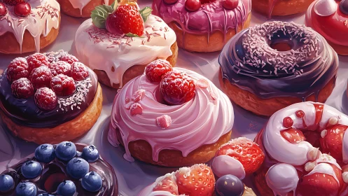 Glazed berry donuts arranged in lush pastel dessert spread.