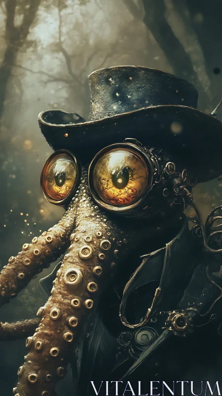 Cephalopod-headed figure in top hat within misty forest.