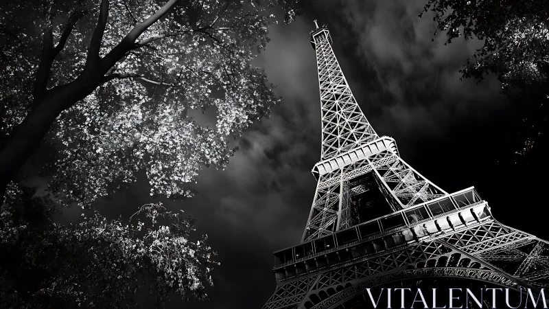Moonlit Eiffel Tower rising beside softly glowing trees.
