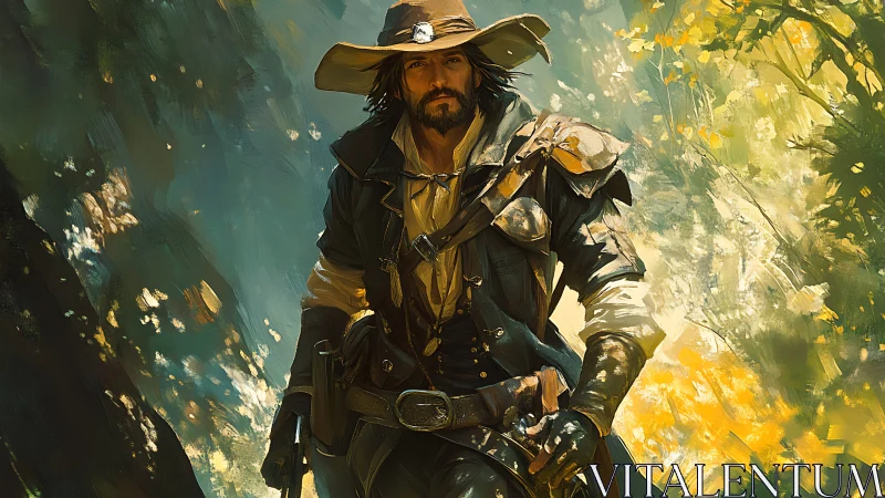 Rugged ranger strides through sunlit forest trail cautiously