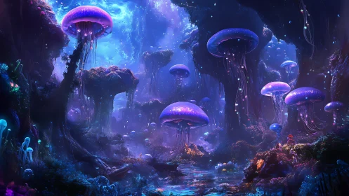 Bioluminescent jellyfish forest glows in alien twilight.
