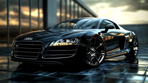 Black Audi sports car on wet rooftop at sunset.