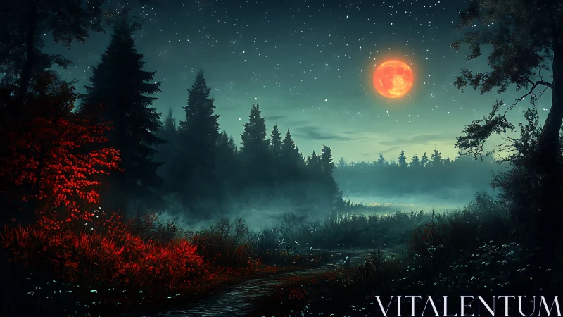 Crimson moon above misty forest path in luminous nightscape.