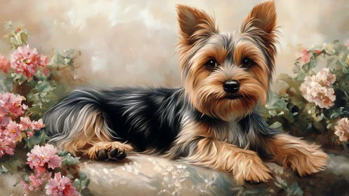 Gentle Yorkshire terrier resting among soft garden blooms.