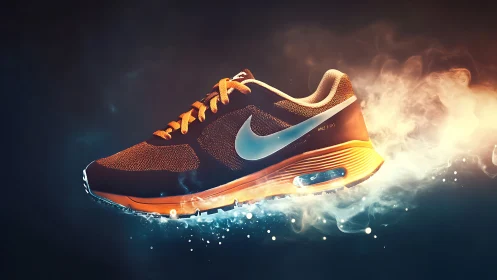 Dynamic running shoe rendered with glowing fiery vapor trail