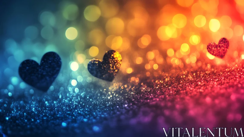 Glitter hearts rest on a multicolored bokeh gradient field