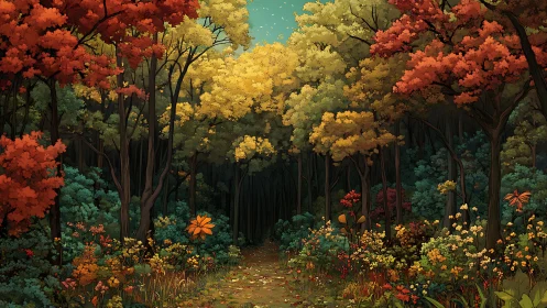 Autumn forest pathway with chromatic canopy stratification and depth layering