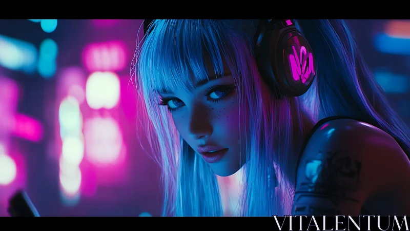 Neon-lit cyber DJ portrait with magenta blue bokeh glow.