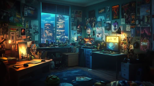 Dual-monitor gamer workstation contrasts neon city skyline outside