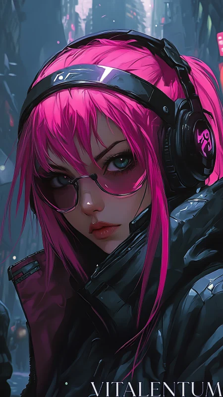 Neon pink street operative in reflective cyberpunk headset.