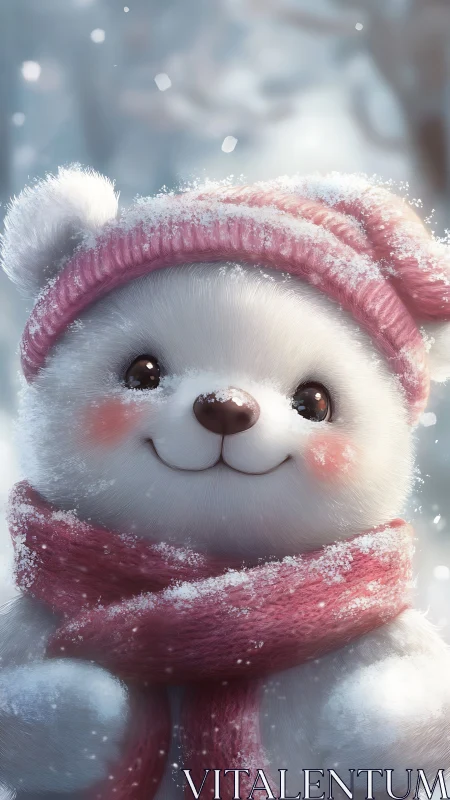 Snowy cuddle bear in pink scarf chasing first winter flurries.