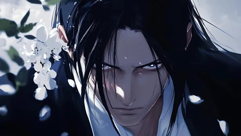 Long-haired male figure in close-up anime-style portrait