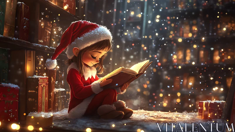 Child in Santa suit reading glowing Christmas storybook