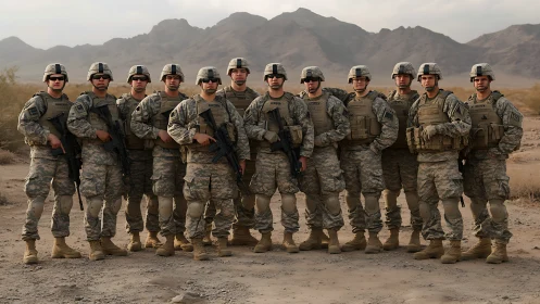 Group of soldiers stands in desert terrain wearing full gear