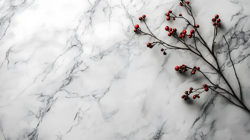 Minimalist marble background with red berries in natural light.