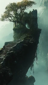 Cliffside ruined stone tower with staircase in dense mountain mist