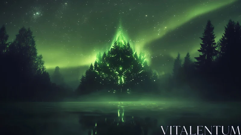 Luminous triangular light over forested lake at night.