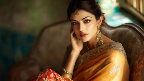 Cinematic portrait of jeweled woman in silk sari, soft bokeh light.