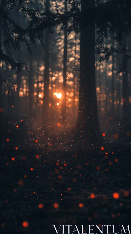 Mystical Forest Sunset with Glowing Ember Particles