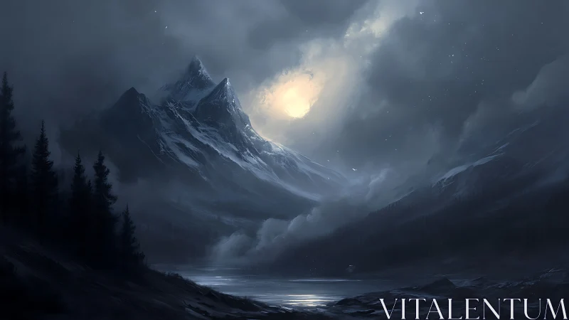 Nocturnal alpine summit under storm-lit lunar aperture.