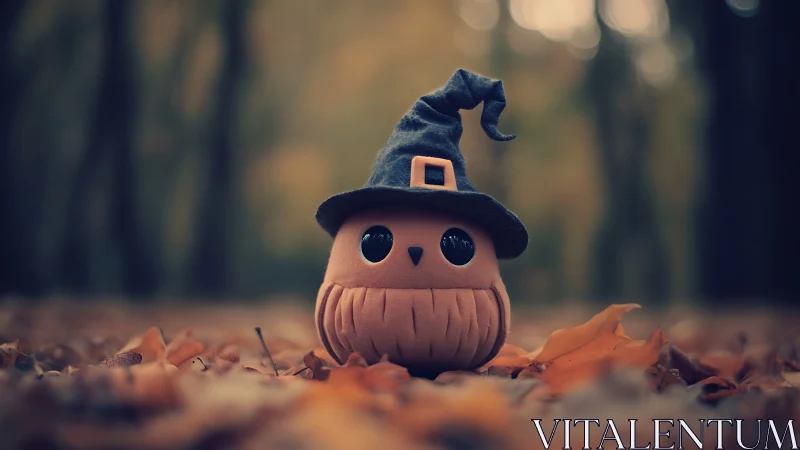 Soft toy pumpkin witch rendered with shallow depth of field