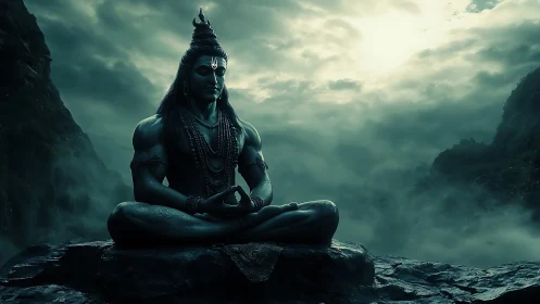 Meditating deity statue in misty mountain landscape at dawn.