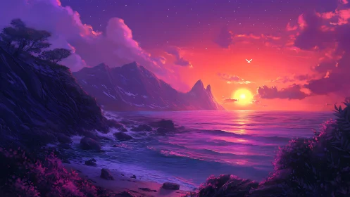 Vibrant coastal mountain sunset with saturated magenta light gradients