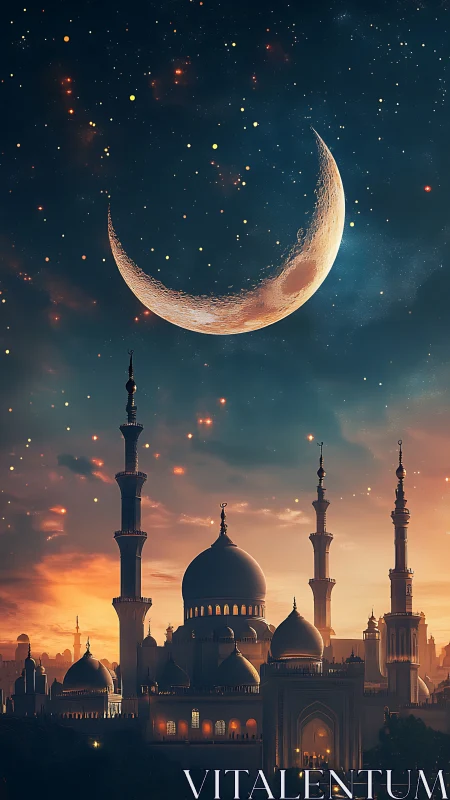 Crescent moon looms above illuminated mosque skyline at twilight