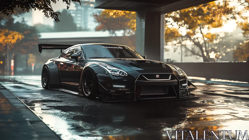 Low-slung black GT-R on wet city street at sunrise.