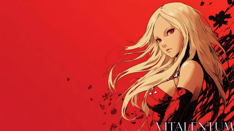 Bold anime heroine gazes ahead in a vivid red world