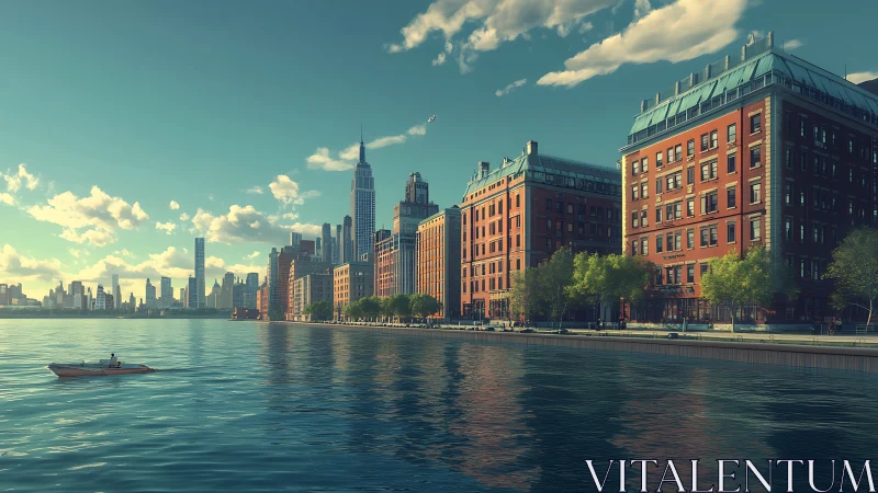 Riverside city skyline with brick buildings and boat view.