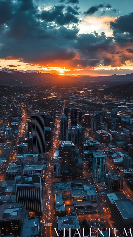 Sunlit storm clouds blaze above a glowing evening city grid