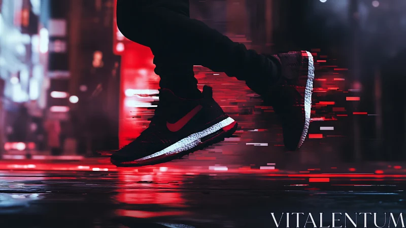 Running shoes in motion with digital red light trails.