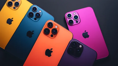 Colorful modern smartphones arranged on dark surface.